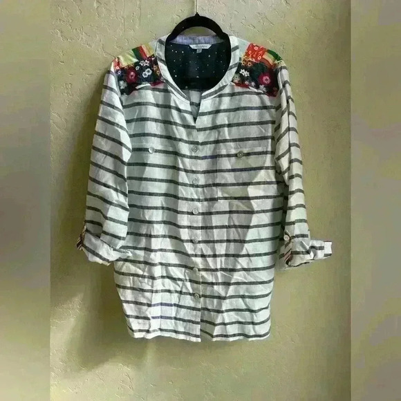 John Mark 100% linen floral embroidered button front blouse sz. XL coastal boho - Picture 2 of 9